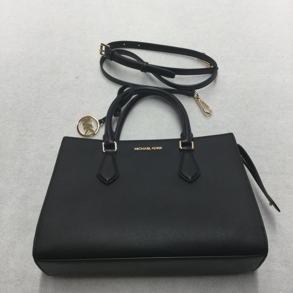 Michael Kors Satchel Bag Womens Medium Black Sheila Faux Leather Gold Hardware